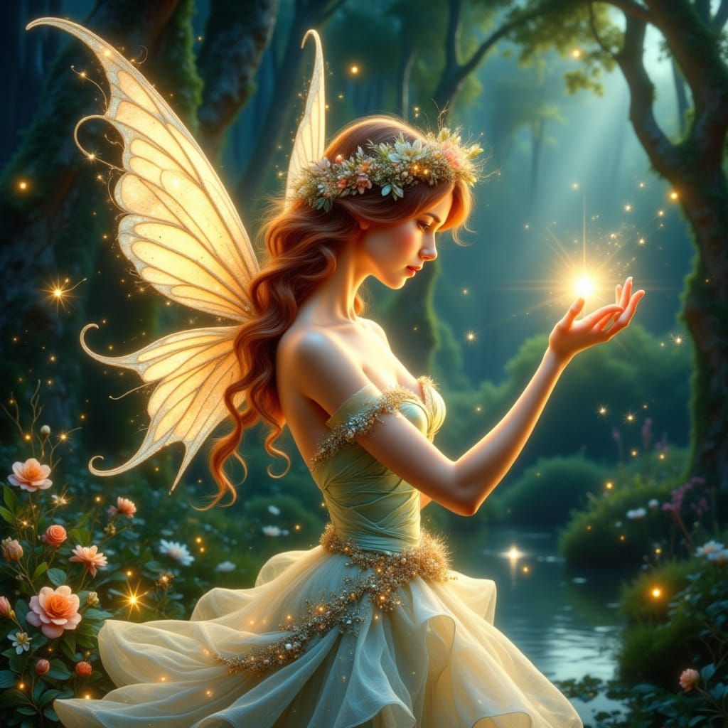 Beautiful Fairy with Magic Wand in Enchanted Forest