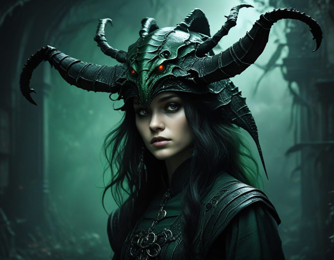 Dark Fantasy Woman in Scorpion Hat, Haunting Portrait