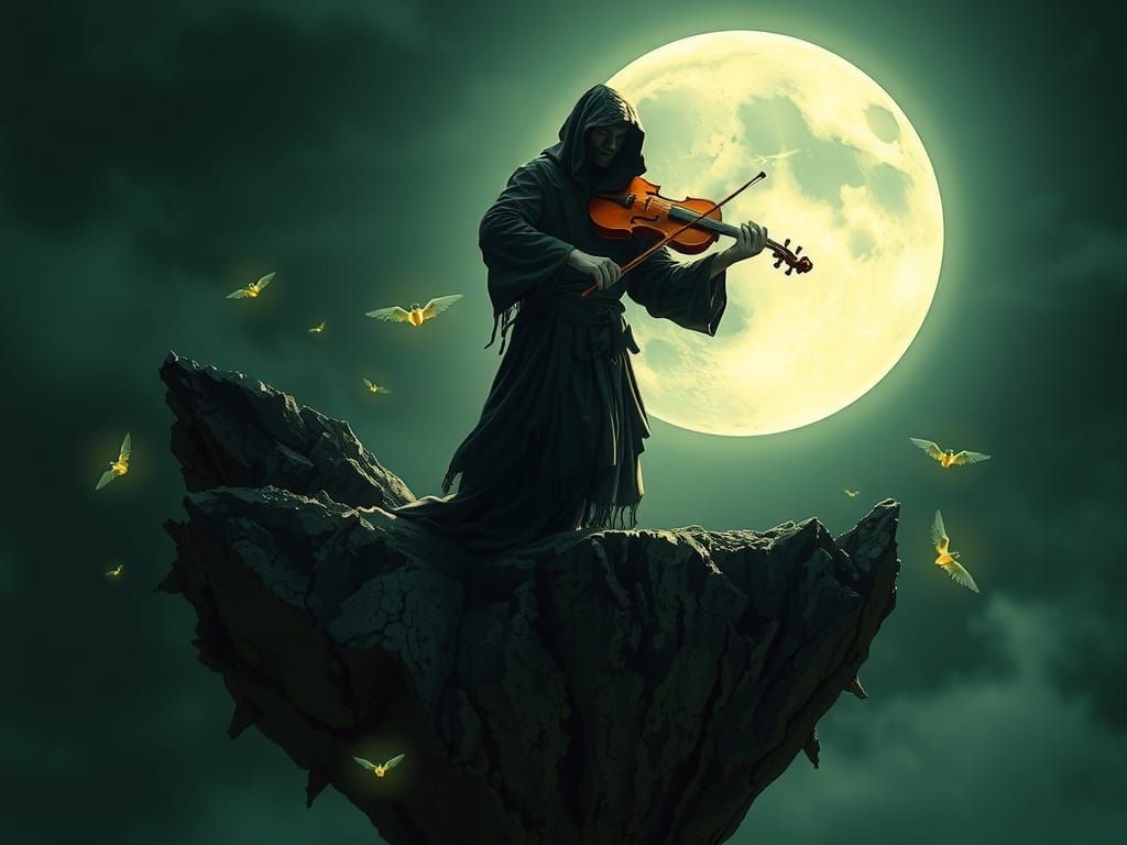 Mysterious Violinist on Floating Rock, Surreal Digital Art