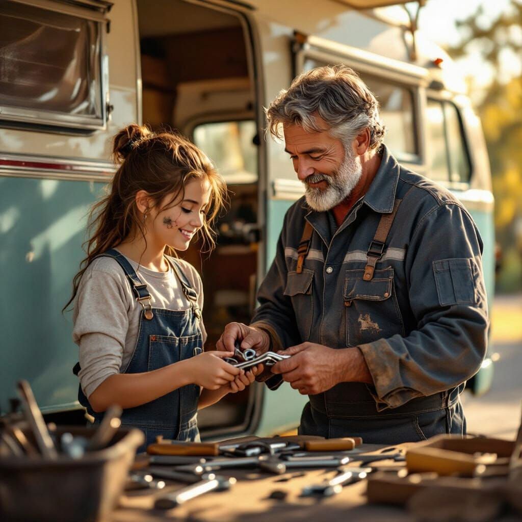 Father and Daughter Fixing Van in Golden Hour Light