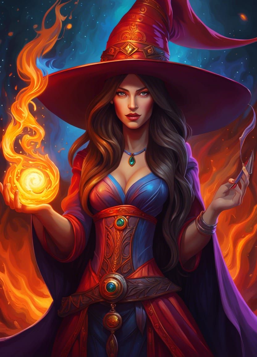 Sorceress Casting Fireball in Detailed Digital Art