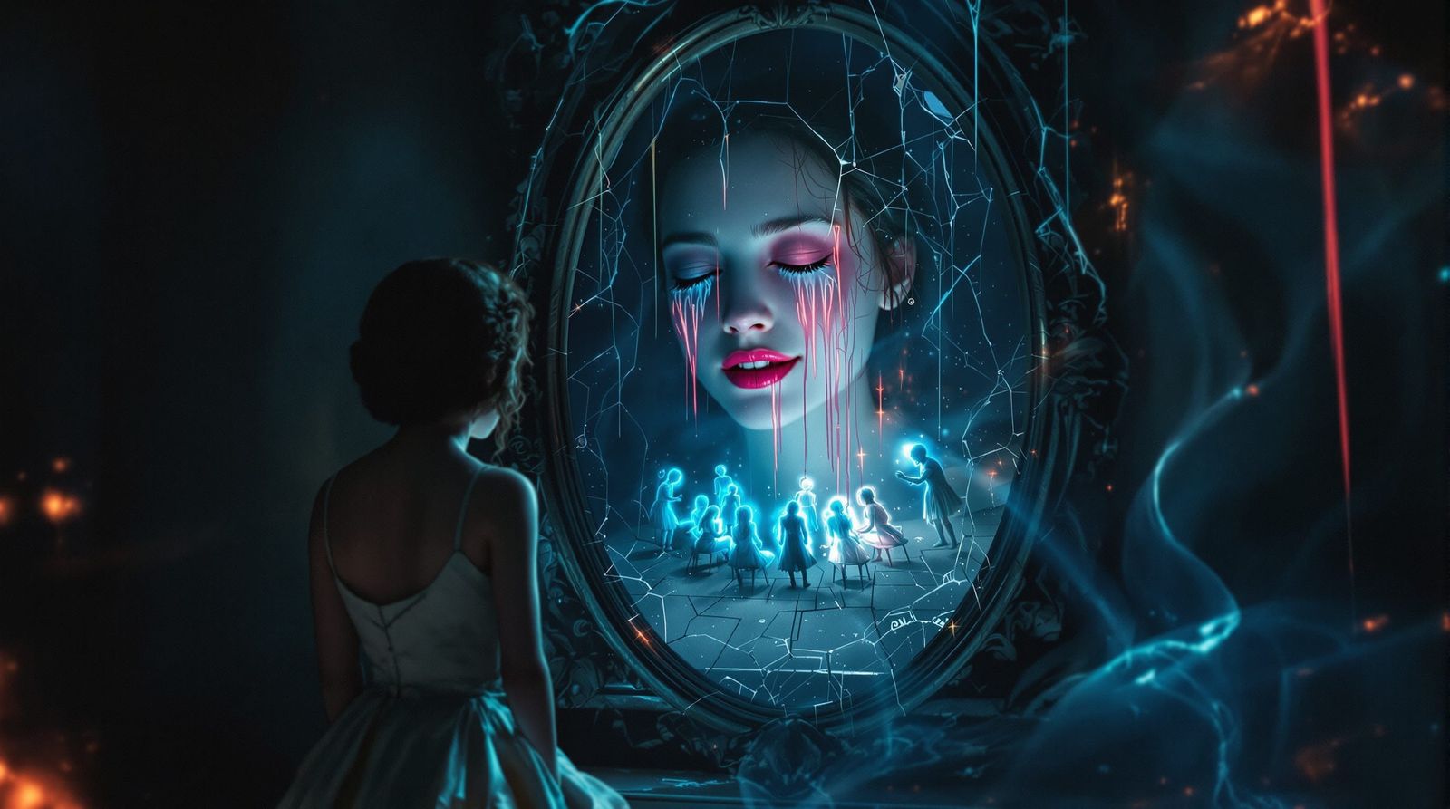 Girl Between Worlds in a Mirror Reflection
