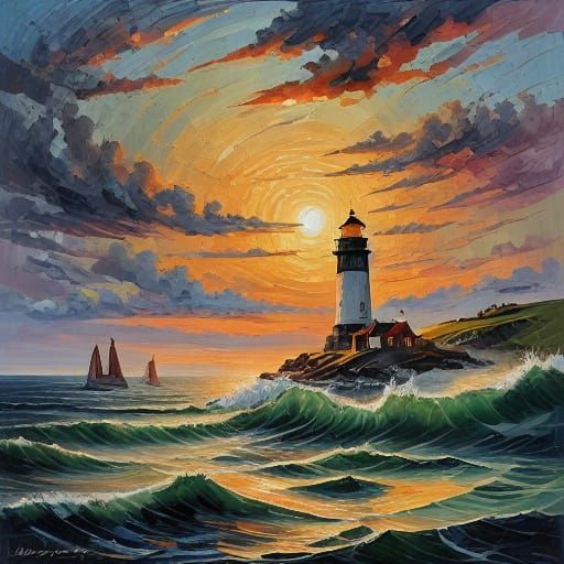 A solitary lighthouse keeper stands on the rocky shore, gazing out at a stormy sea under a dramatic, moonlit sky. The ke...