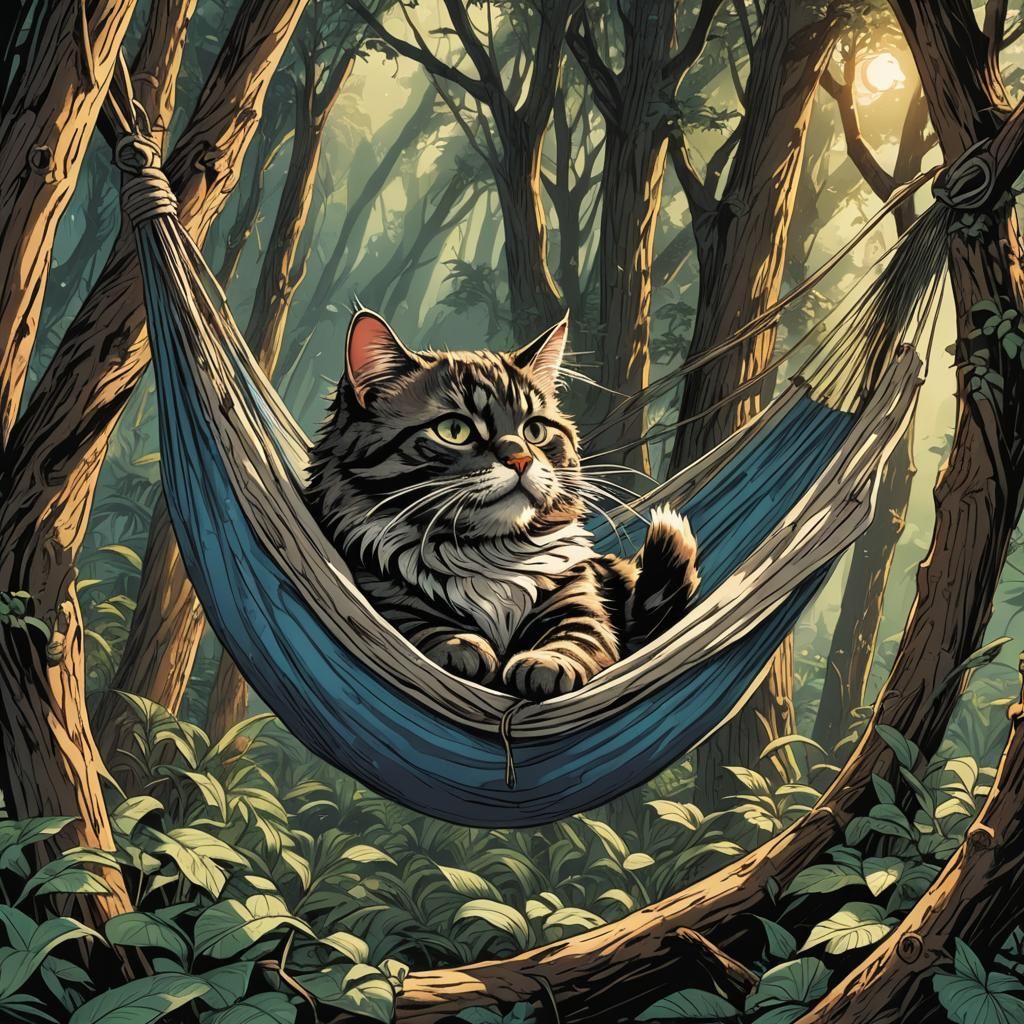 Cat in Hammock: Comic Book Art Style