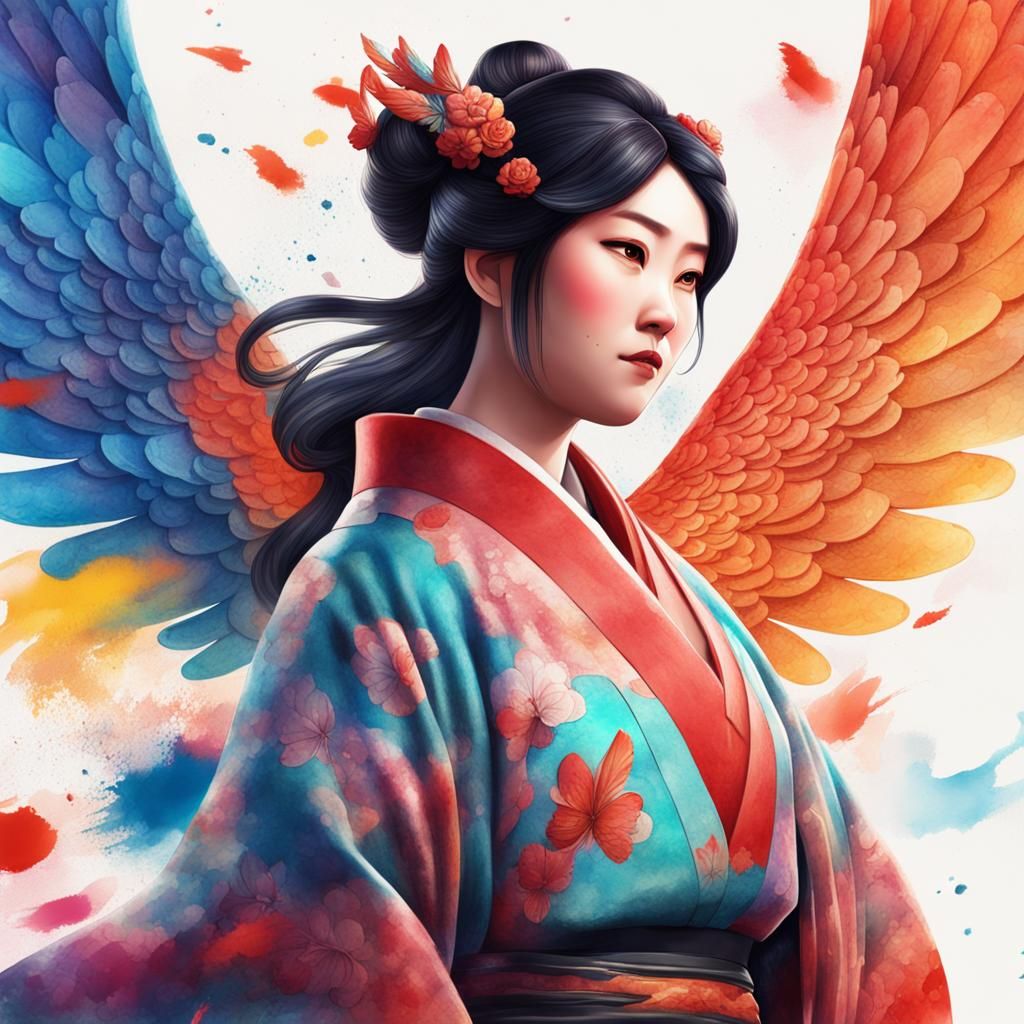 Voluptuous Winged Woman: Digital Watercolor and Ink Illustra...