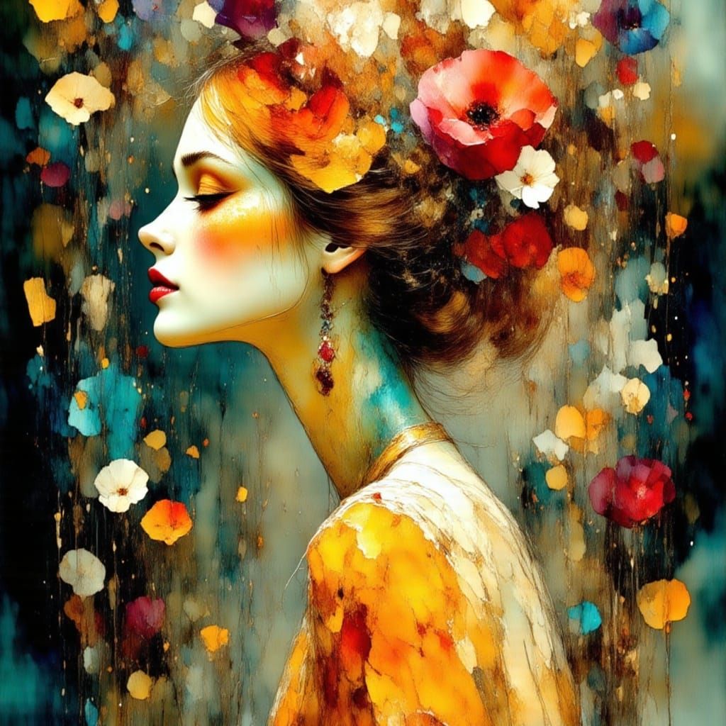 Ethereal Woman with Flowing Letters and Music