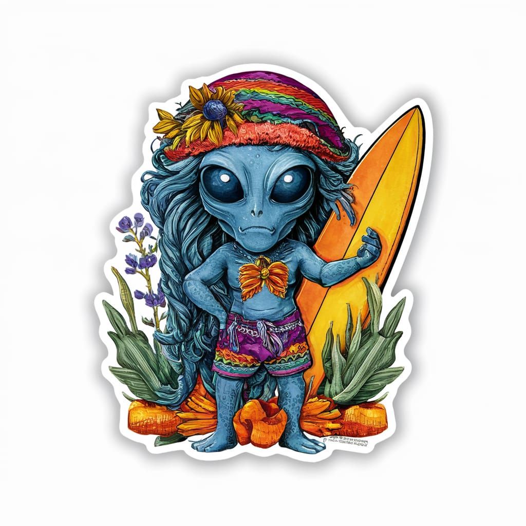 Watercolor Alien Surfer Sticker in Grey and Vivid Colors