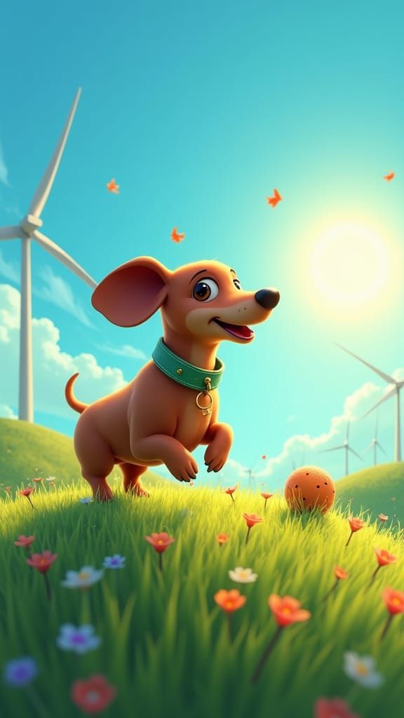 A digital illustration of a dachshund playing with a biodegr...