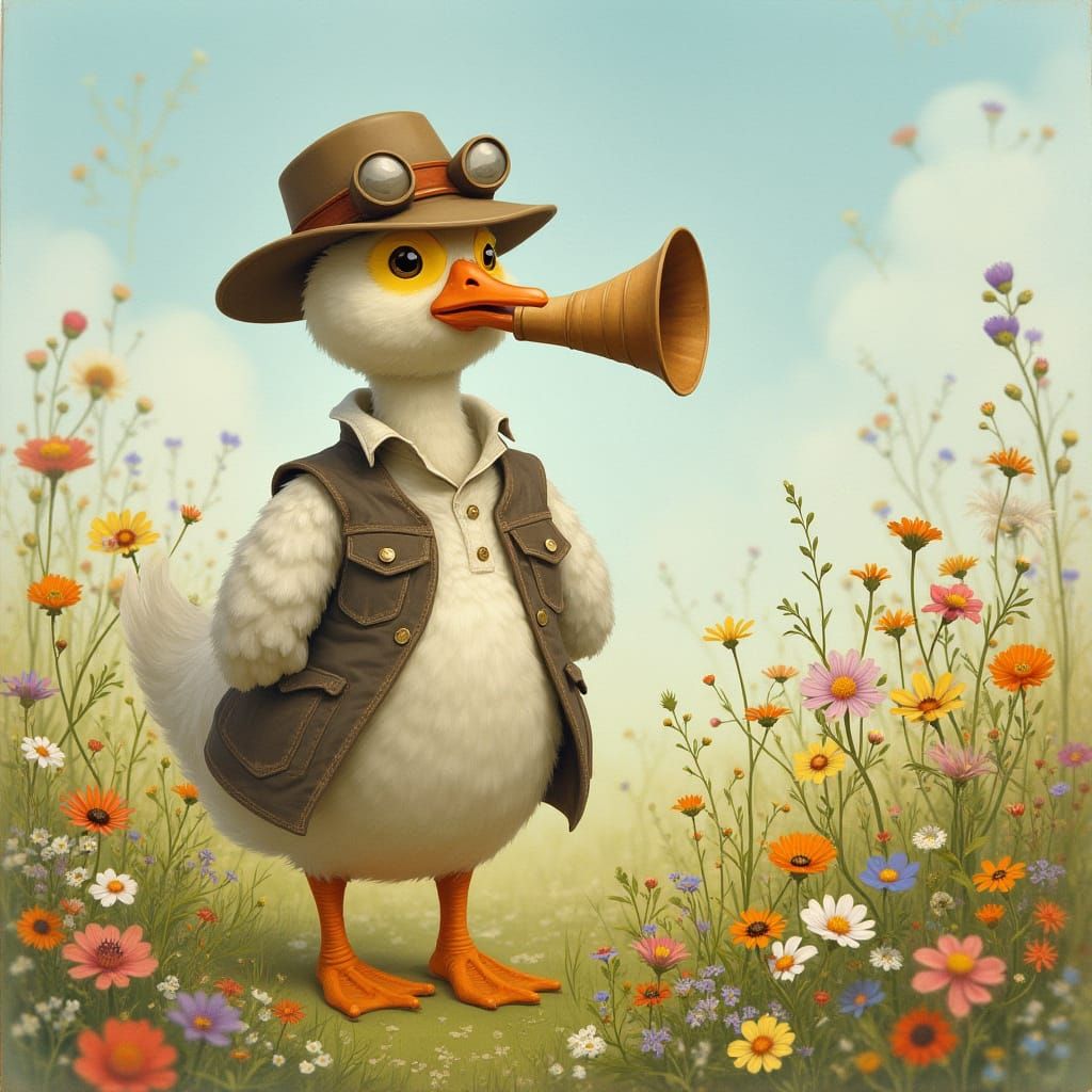 Goose Honking Horn in Whimsical Floral Field