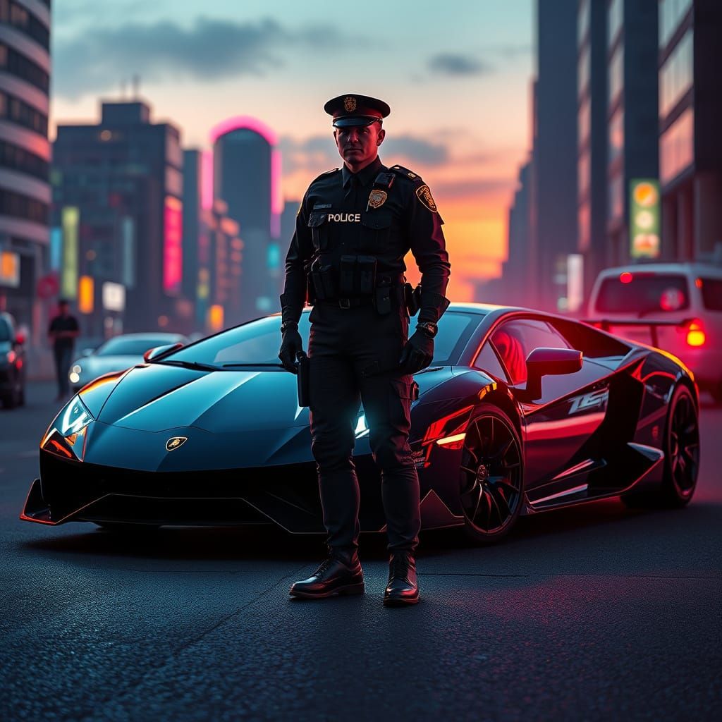 Cyberpunk Officer Stands Beside High-Tech Lamborghini in Dar...