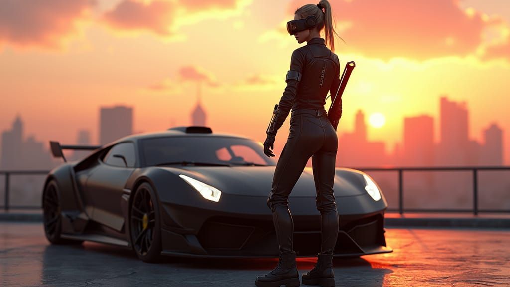 Cyberpunk Racer Girl at Sunset: Cinematic 3D Art