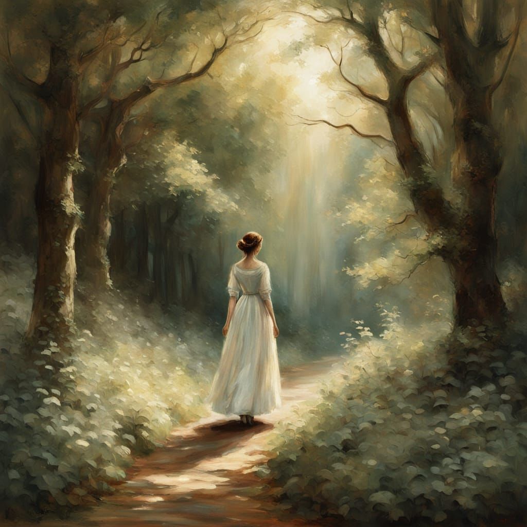 Regency Woman in Ethereal Forest Oil Painting