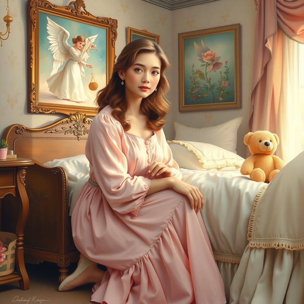 Whimsical Oil Painting of a Young Woman in a Cozy Bedroom