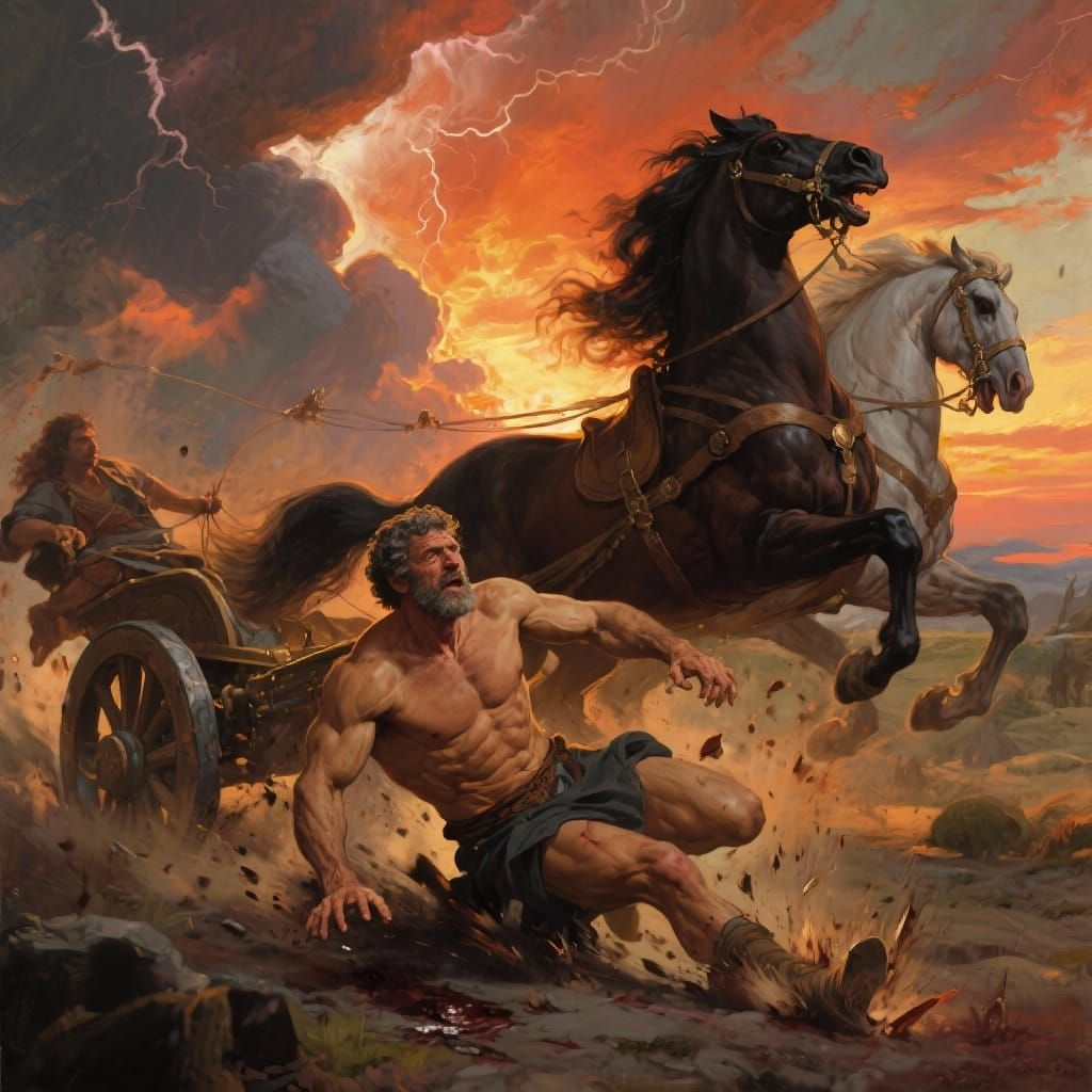 Theseus Crushed by Chariot in Dramatic Sunset Painting