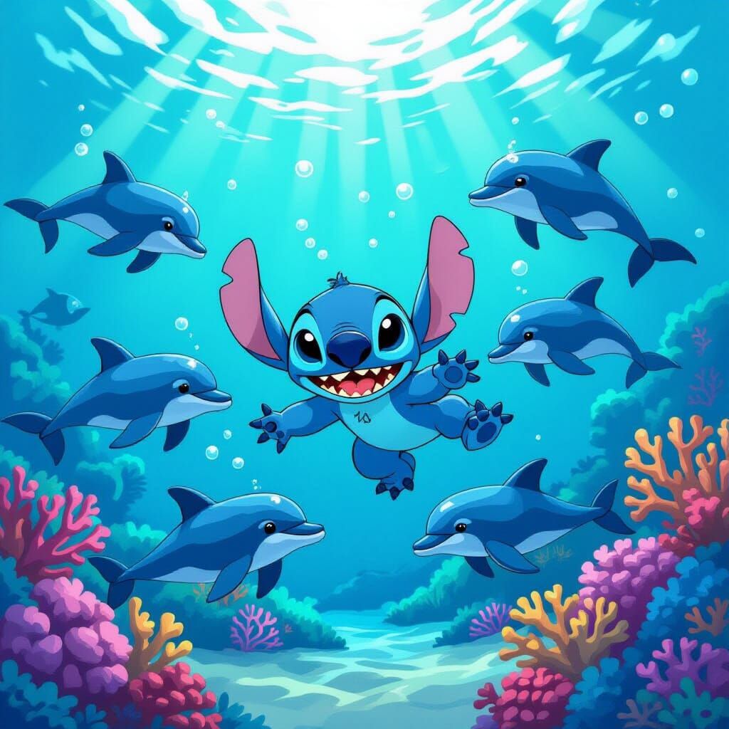 Stitch Swims with Dolphins in Vibrant Coral Reef