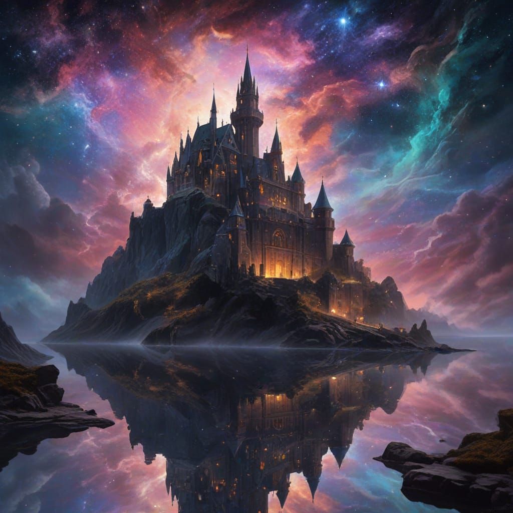 Ancient Cosmic Castle Against Nebula