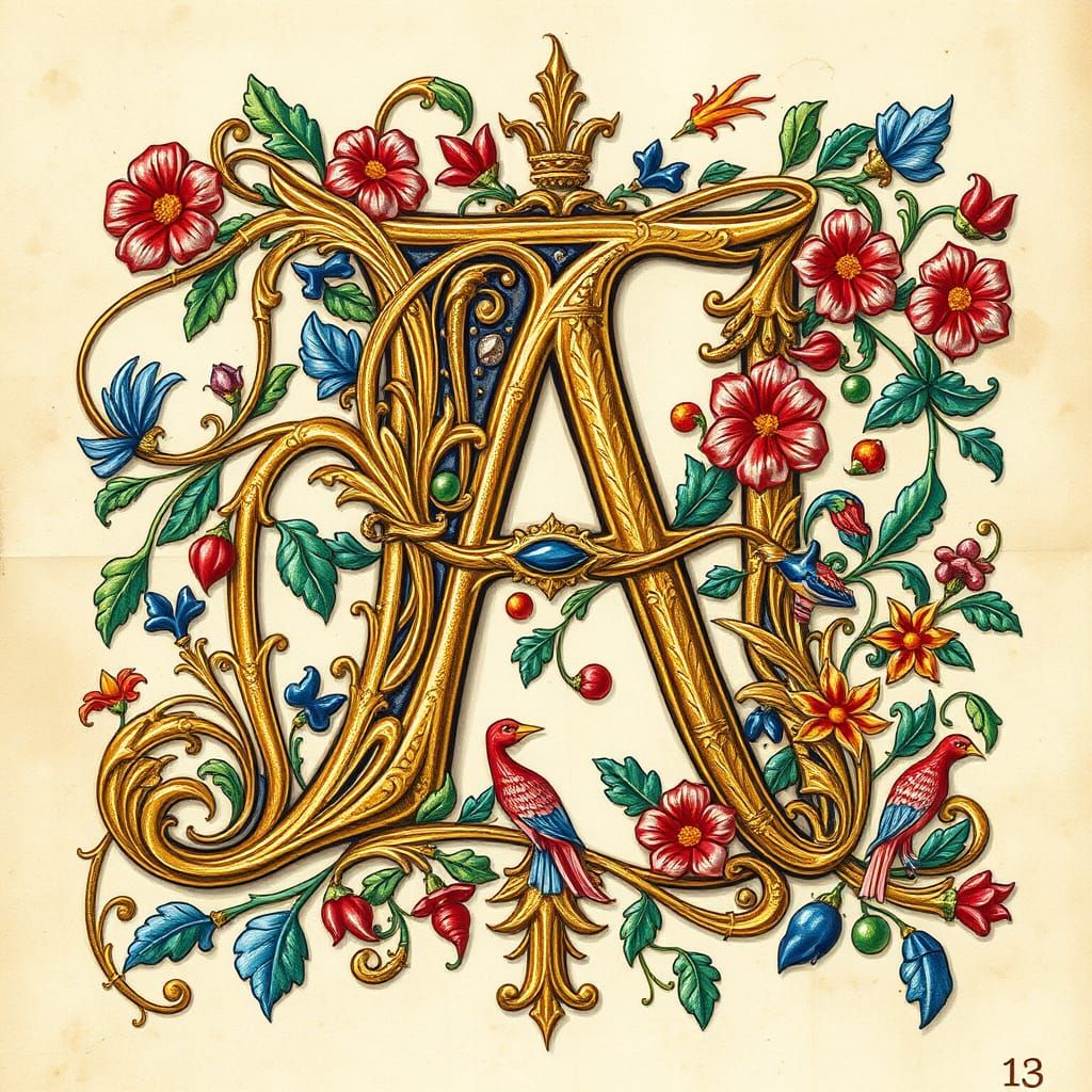 Ornate Medieval Illuminated Capital Letter A