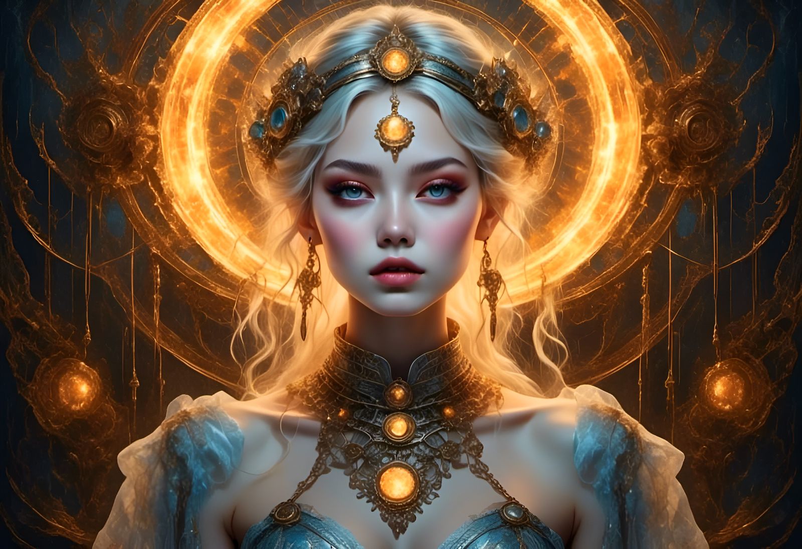 Avant-Garde Fashion Woman with Solar Halos, Watercolor Style