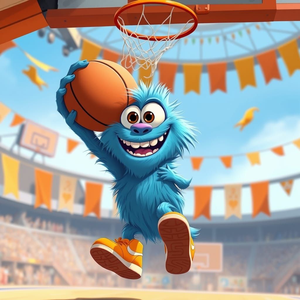 Blue Monster Slam Dunk in Disney Cartoon Style