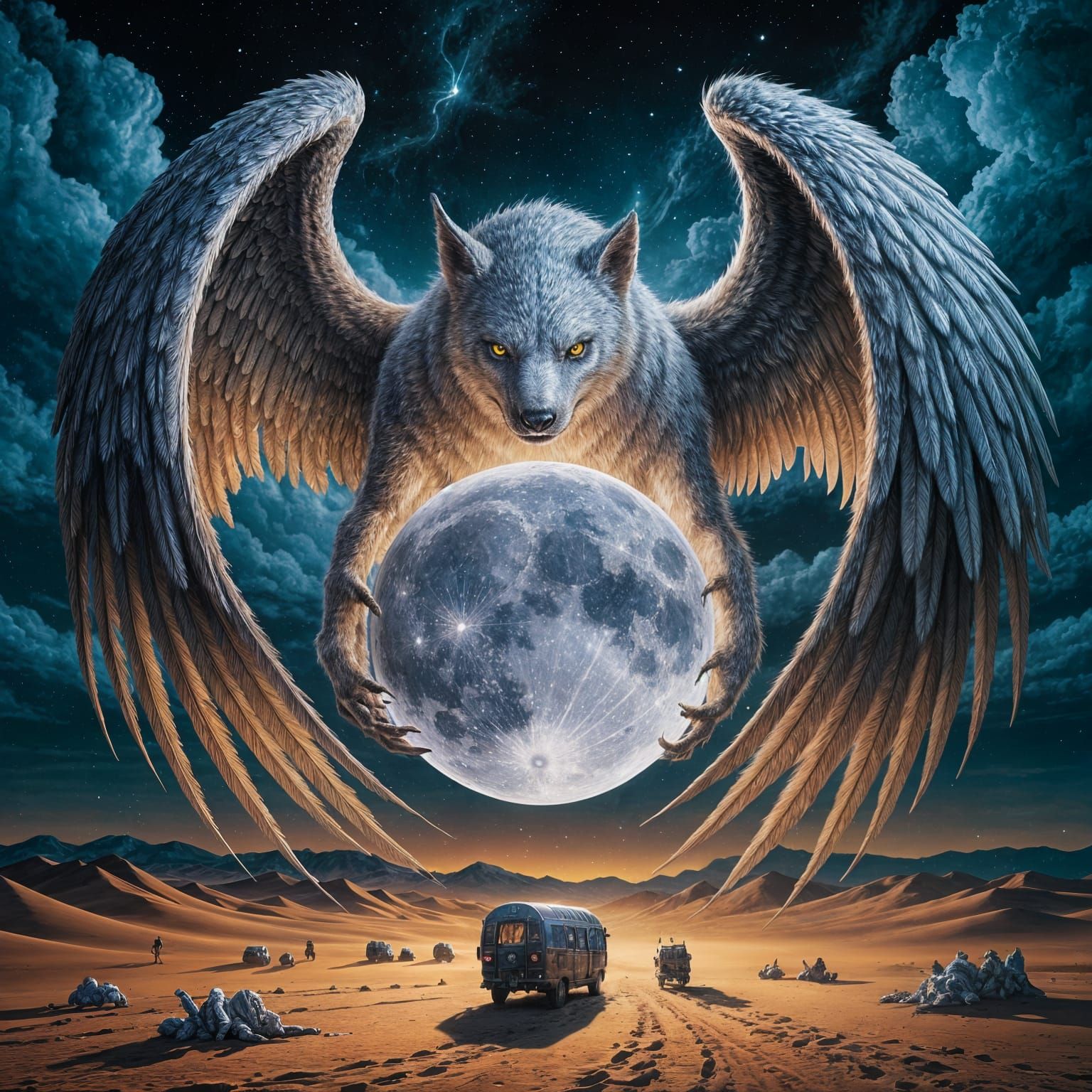 Celestial Guardian Spirit Lights Desert Caravan as Oil Paint...