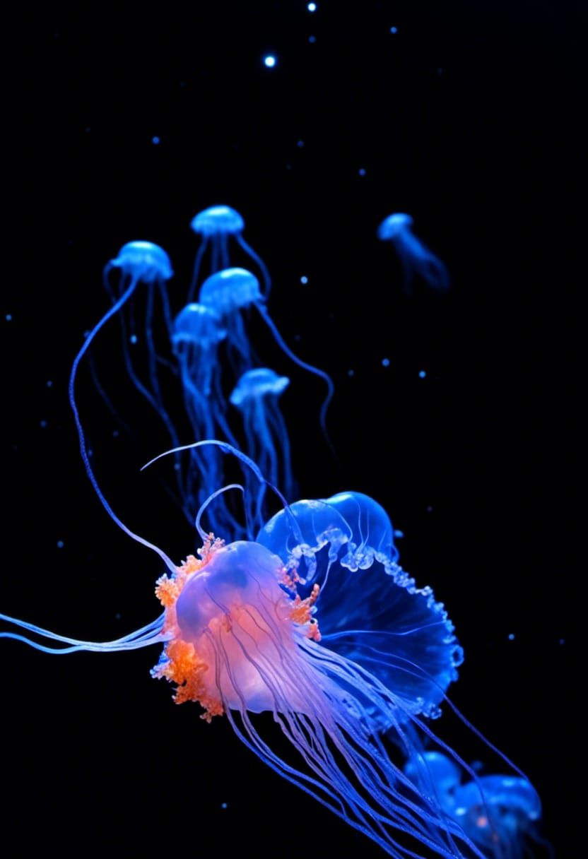 Bioluminescent Jellyfish in Deep Blue Light