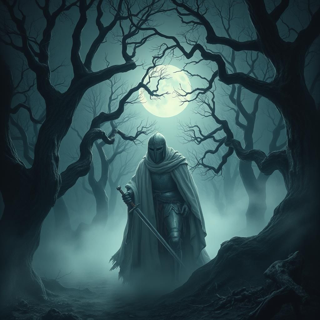Ethereal Knight Ghost Emerges from Moonlit Forest