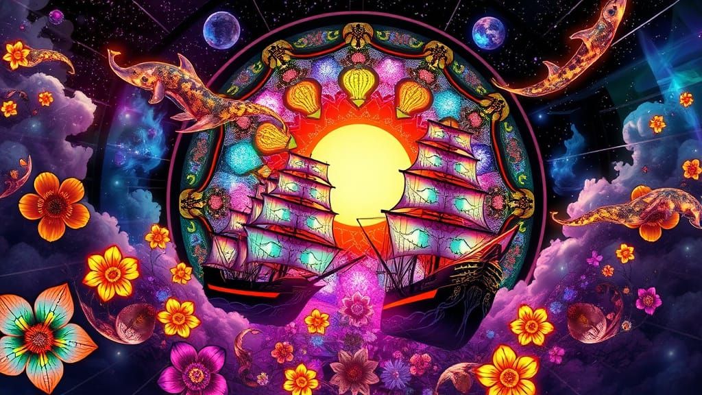 Neon Bioluminescent Flowers in Cosmic Nebula