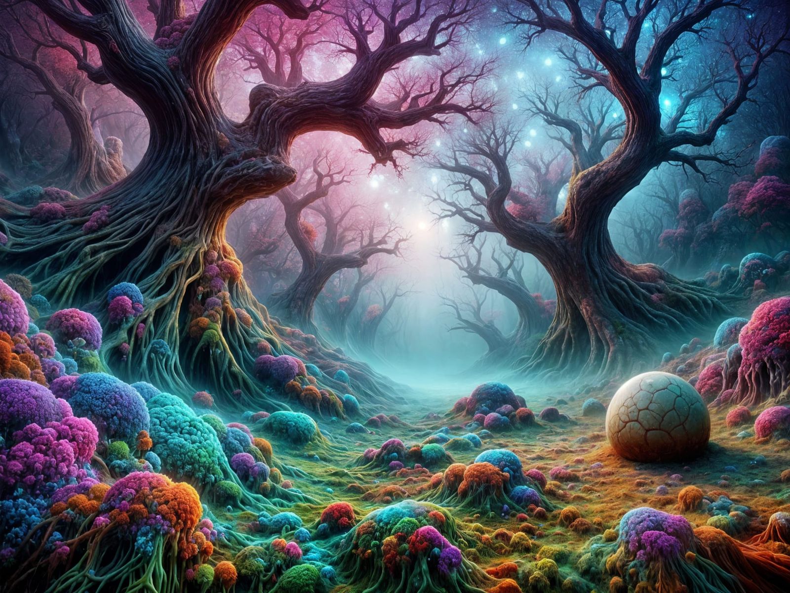 Surreal Misty Glade with Shifting Trees and Glowing Flora