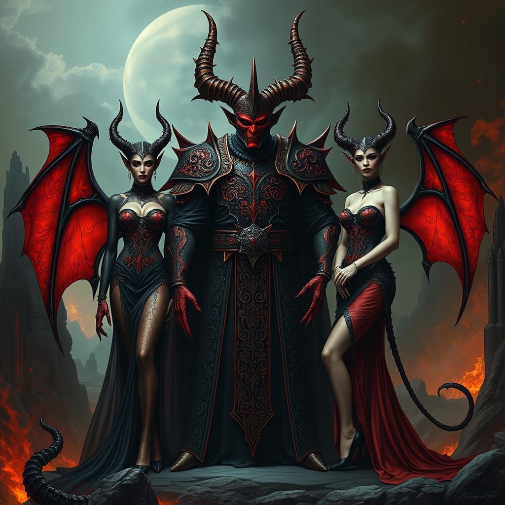 Gothic King Asmodeus Surrounded by Two Demonic Women