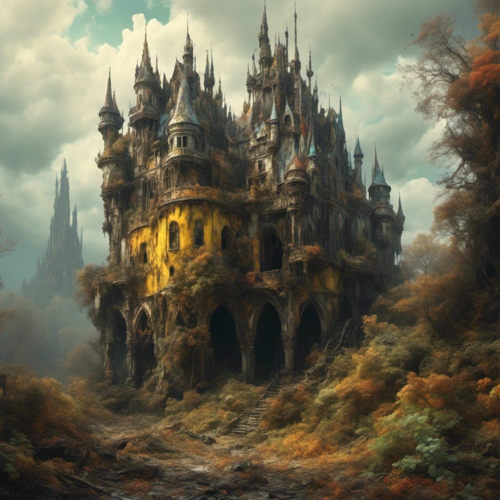 Abandoned Gothic Castle in Decayed Landscape