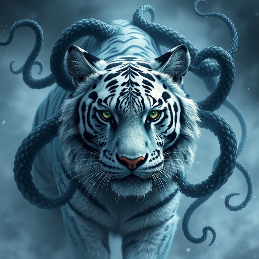 Mystical Snow Tiger with Dark, Ethereal Energy