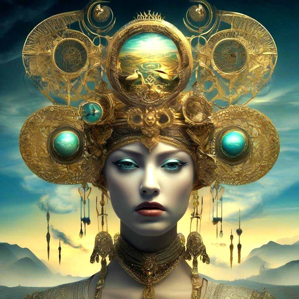 Artemis Goddess Surreal Portrait in Turquoise and Gold