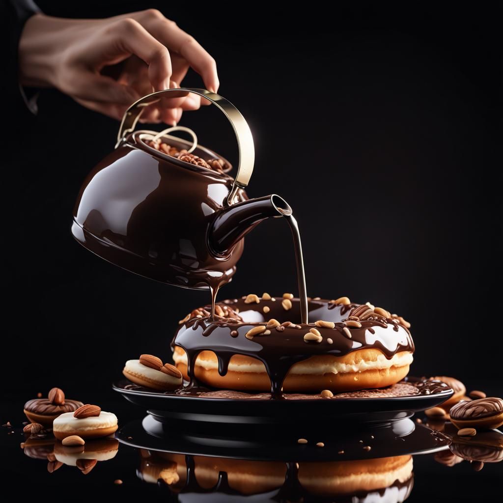 pouring chocolate  on a donut with nuts and chocolate