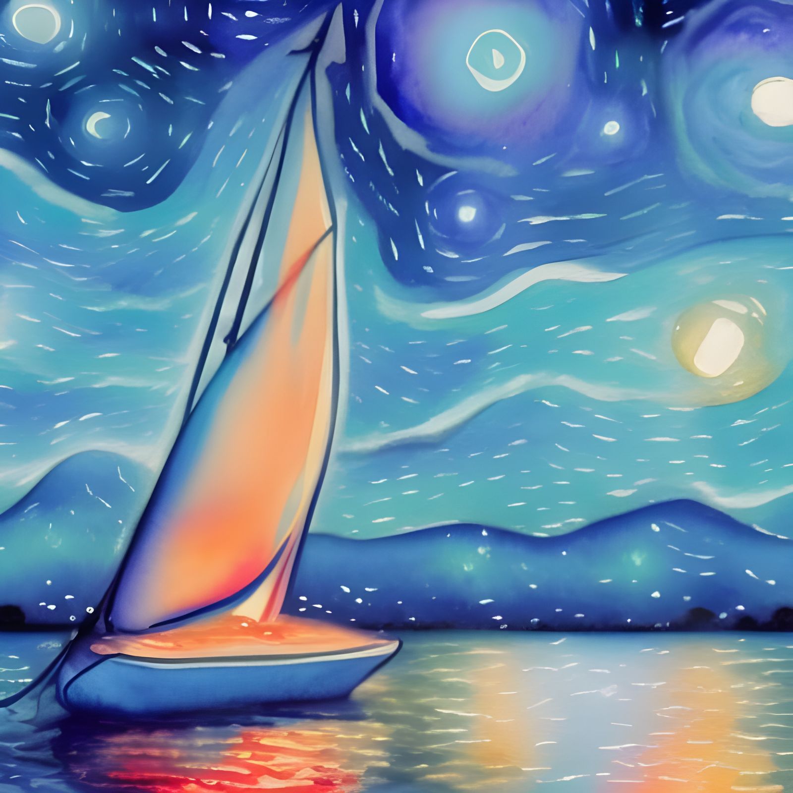 Starlit Night Sailboat in Watercolor Style