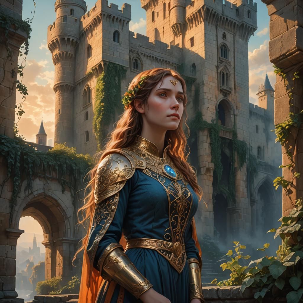 Woman Before Ancient Castle in Pre-Raphaelite Style