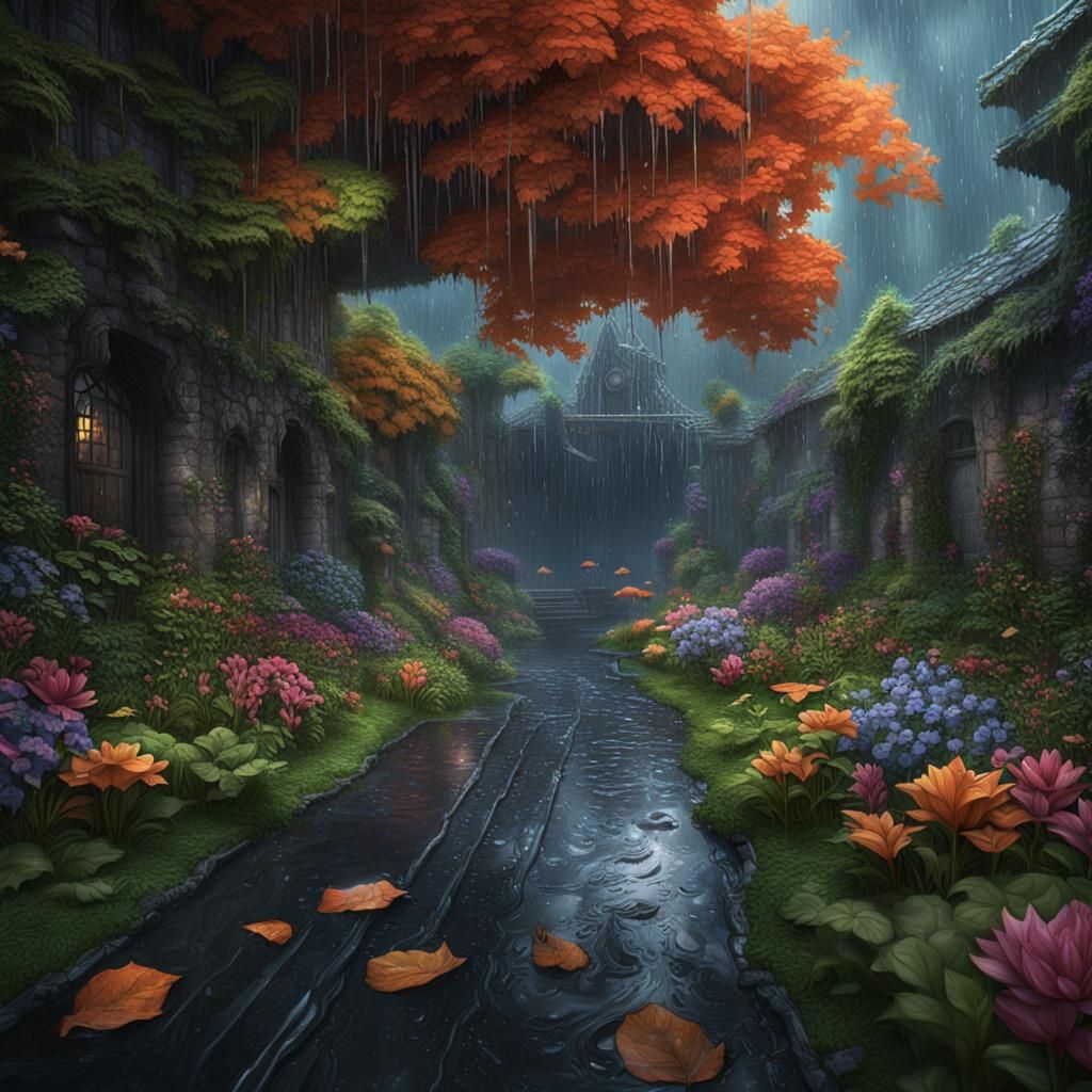 Detailed Matte Painting of Rain, Leaves and Flowers