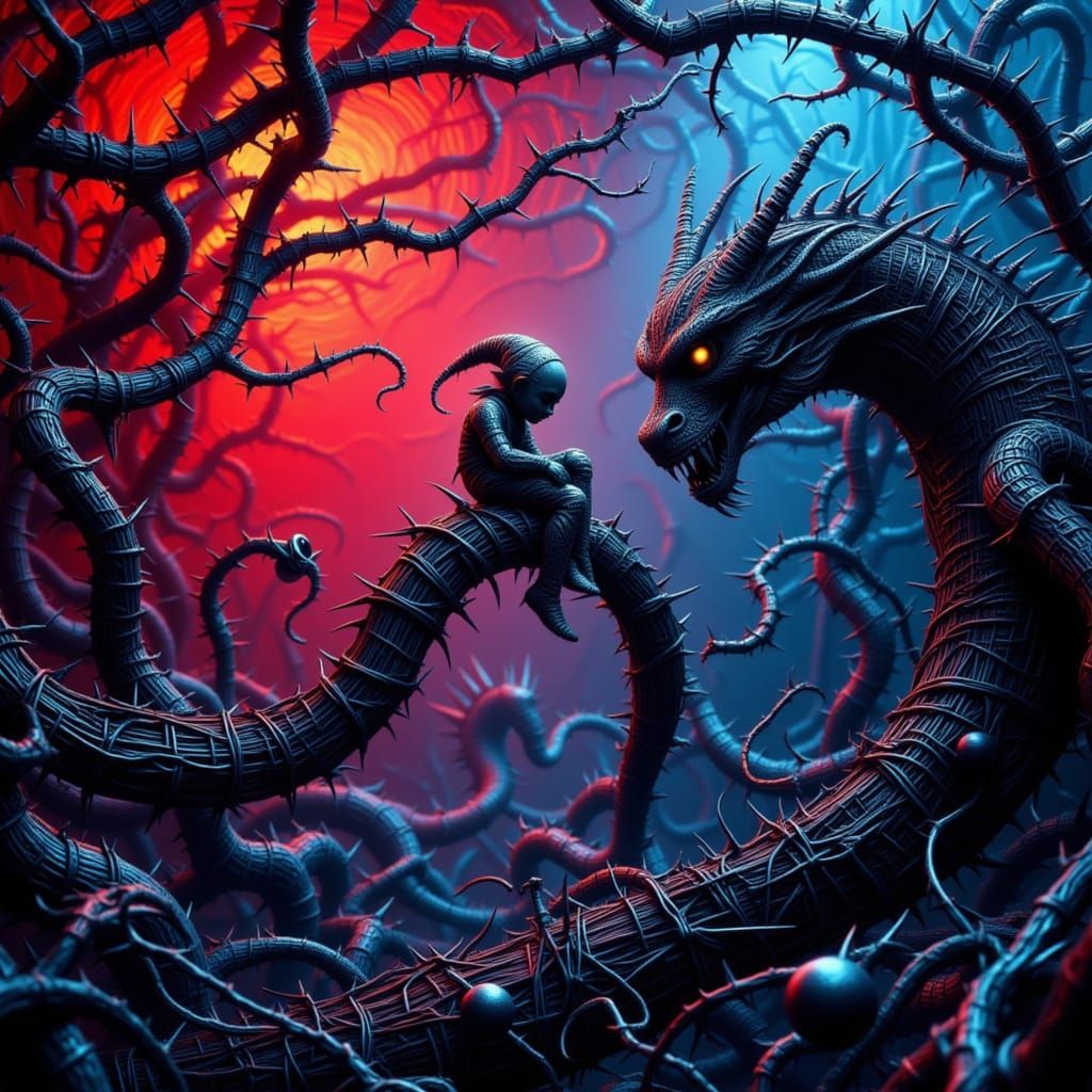 Barbed-Wire Dwarf on Dragon in Wire Art Maze