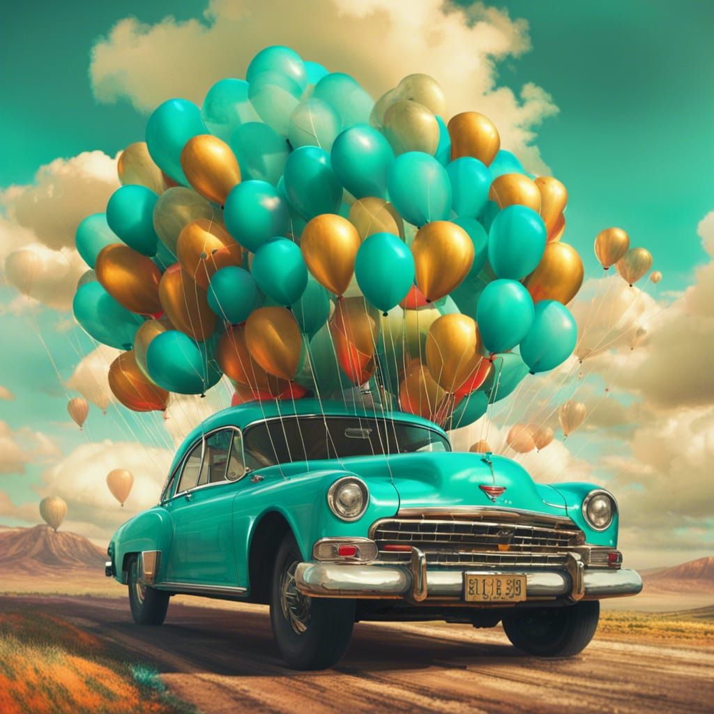 Vintage Turquoise Car Ascends with Balloons