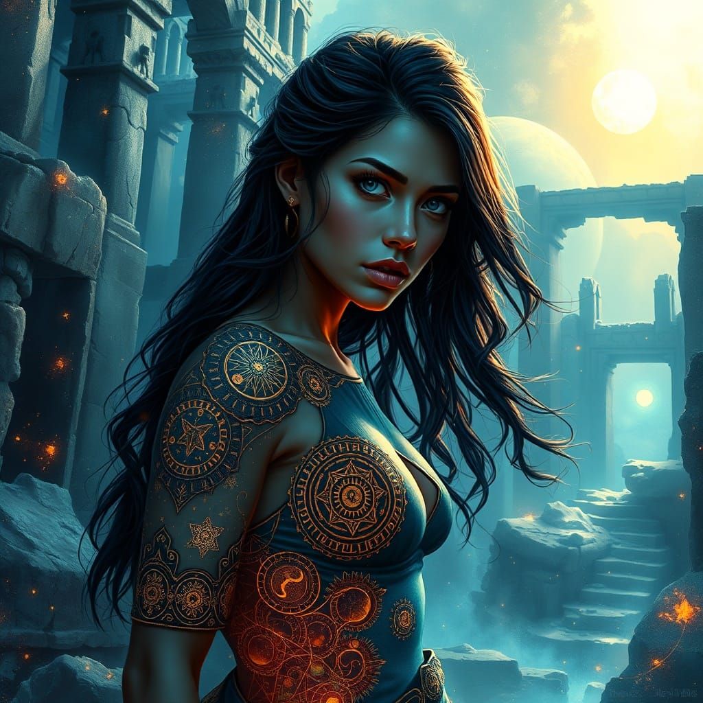 Celestial Tattooed Woman in Misty Ruins - Comic Splash Art