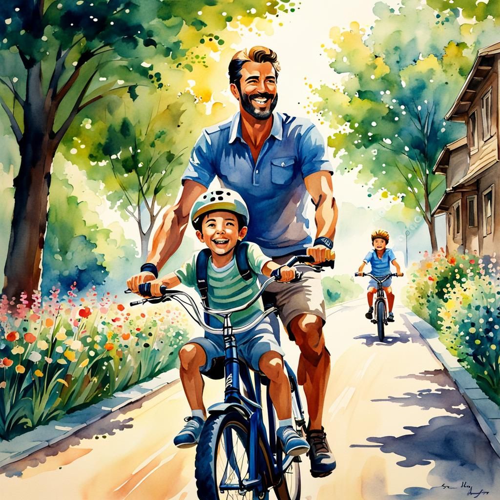 Father and Son Cycling in Summer Morning Light