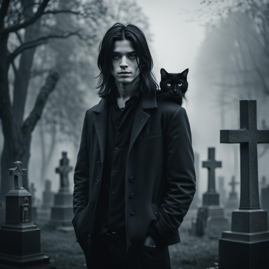 Eerie Portrait of Boy with Cat in Cemetery