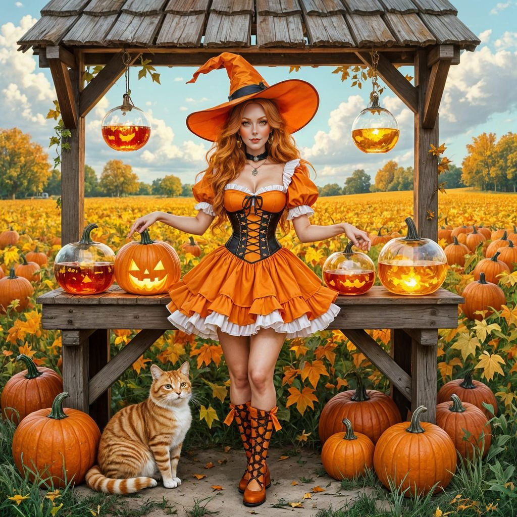 Autumn Witch Selling Potions in Glass Pumpkins