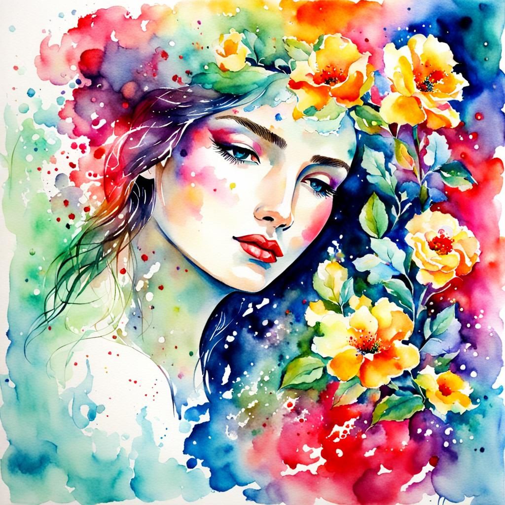 Sensual Lady with Flowers in Watercolor Style