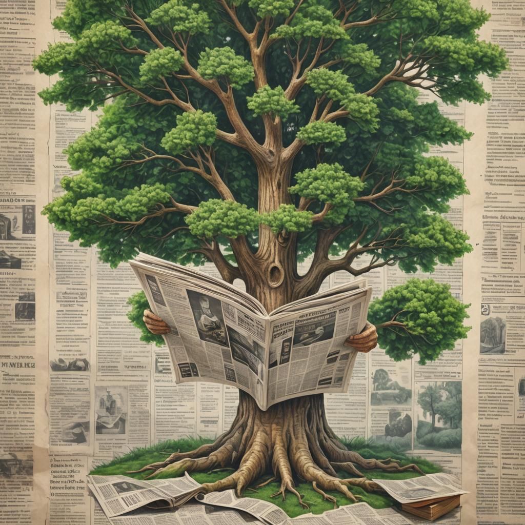 Surreal Tree Reads Newspaper: Hyperdetailed Color Pencil Ske...