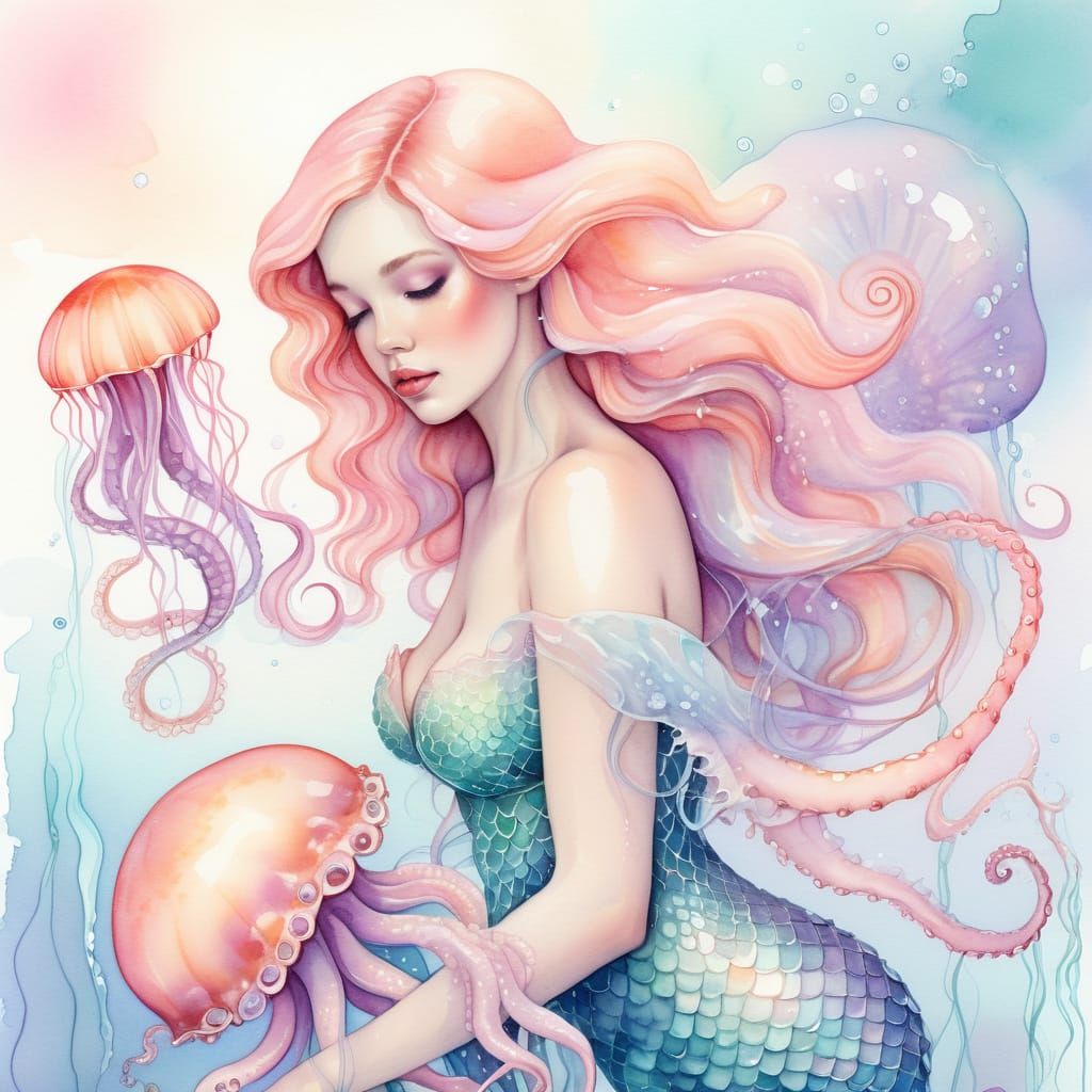 Ethereal Mermaid Embracing Aquatic Friends in Whimsical Wate...