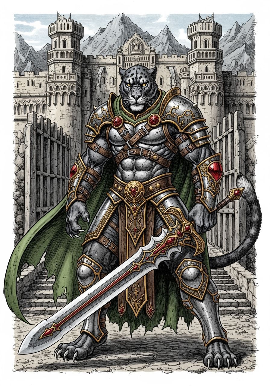 Panther Paladin Guarding Mountain Fortress in Dark Fantasy S...