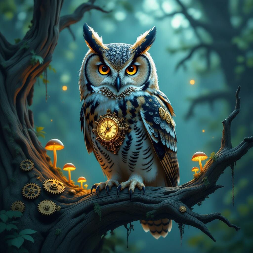 Clockwork Owl on Ancient Branch in Ethereal Forest