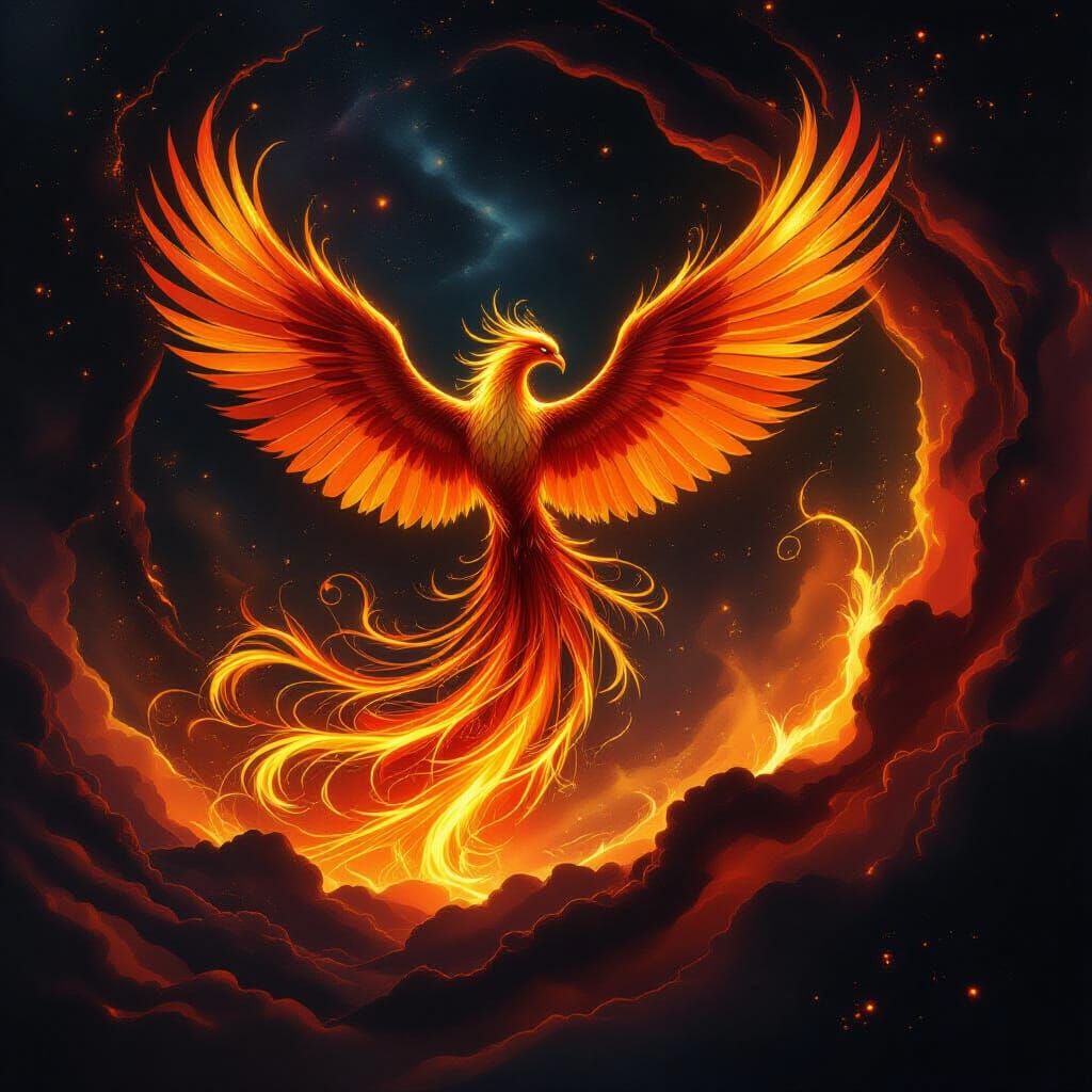 Majestic Phoenix Rises from Fiery Vortex in Cosmic Expanse