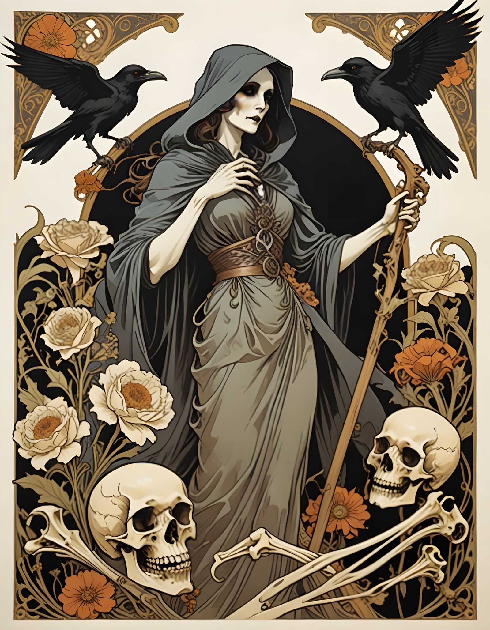 Art Nouveau Grim Reaper Poster with Floral and Bone Motifs