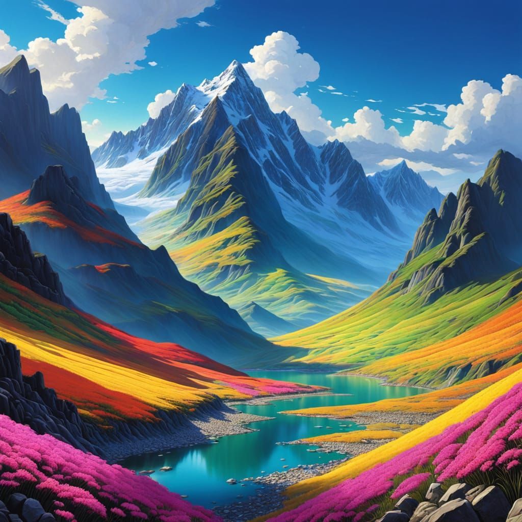 Vibrant Mountains in Anime Style
